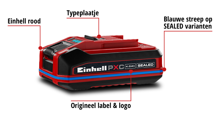 Einhell Power X-Change SEALEAD-accu met blauwe ring, typeaanduiding en originele branding in een overzichtsgrafiek.